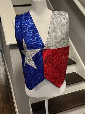 Sequin Texas Flag Vest - Blue, Red & Silver Star Design Sz. S worn once.